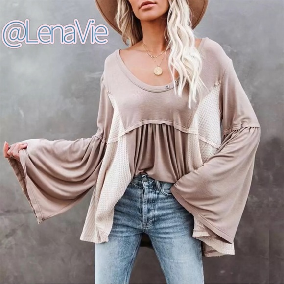 Cotton Two Tone Boho Top W/Bell Sleeves, Light Flowy Tunic - Picture 2 of 5